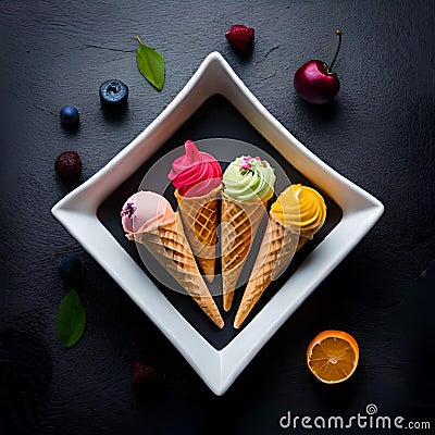 various ice cream flavors in cones Stock Photo