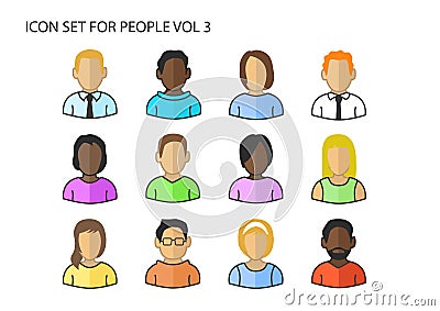 Various icons / symbols of diverse avatar heads and faces of different skin colors Vector Illustration