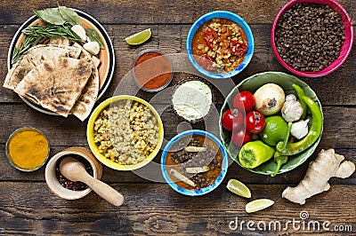 Various Indian and vegetarian dishes and snacks Stock Photo