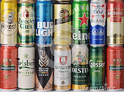 Various international brands beer cans Editorial Stock Photo