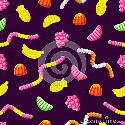 Various jelly candies seamless pattern on a dark background. Useful gummi sweets. Vitamins. Vector illustration. Vector Illustration