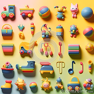 Various kid toddler toys on colorful background Stock Photo