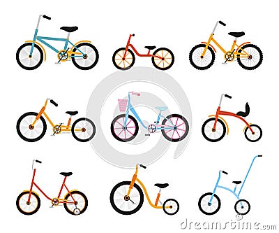 Various kids bikes collection. Colorful bicycles with different frame types. Vector flat illustration set. Vector Illustration