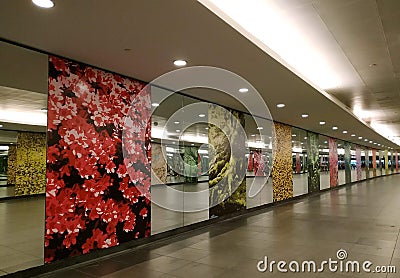 Various kind of art wall and glass in the tunnel, Singapore Editorial Stock Photo