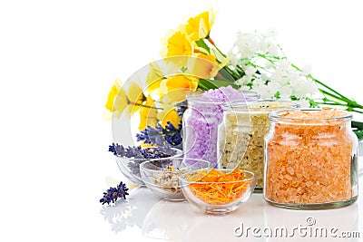 Various kinds of bath salt with flowers Stock Photo