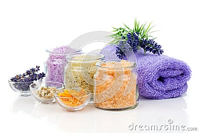 Various kinds of bath salt with flowers Stock Photo