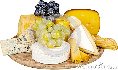 Various Kinds of Cheeses and Grape on the Wooden Stock Photo