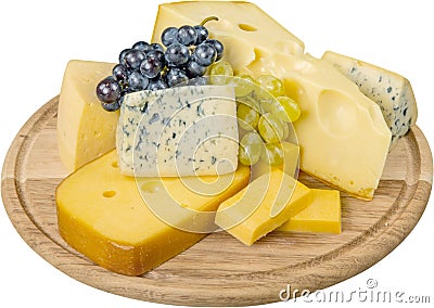Various Kinds of Cheeses and Grape on the Wooden Stock Photo