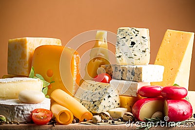 Various Kinds of Cheeses on the Wooden Platter - Stock Photo