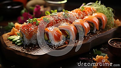 Various Kinds of Sushi Served on Table in Restaurant Blurred Background Stock Photo