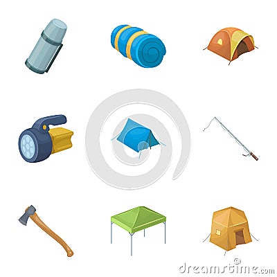 Various kinds of tents and other tourist accessories. The tent set collection icons in cartoon style vector symbol stock Vector Illustration