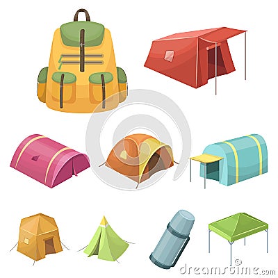 Various kinds of tents and other tourist accessories. Vector Illustration