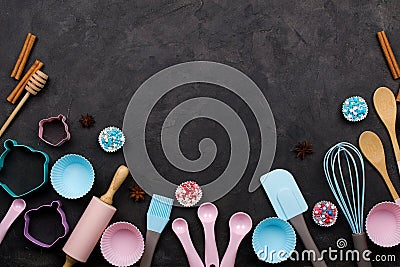 Various kitchen baking utensils. Flat lay. mockup for recipe on dark background. Stock Photo
