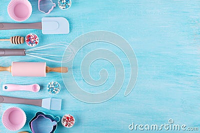 Various kitchen baking utensils. Flat lay. Top view, mockup for recipe Stock Photo