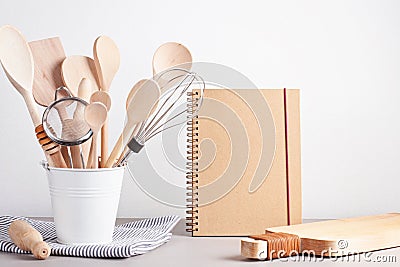 Various kitchen utensils. Recipe cookbook, cooking classes conce Stock Photo