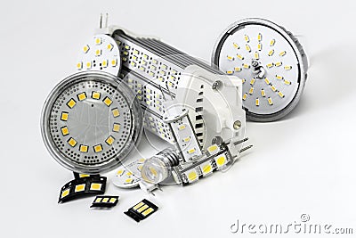 Various led bulbs G4, GU10, MR16, R7s and individual chips Stock Photo