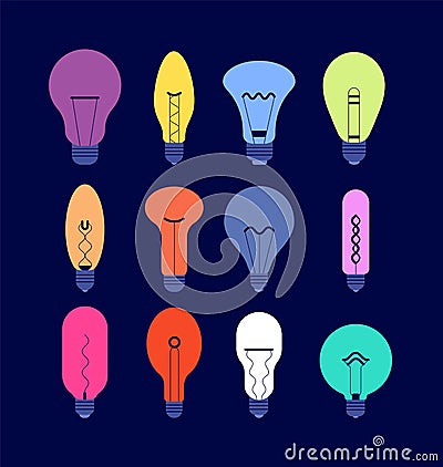 Various light bulbs. Creative idea colourful bulbs, minimal lamps vector isolated set Vector Illustration