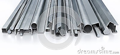 Various and long metal profiles on a white reflective floor. Cartoon Illustration