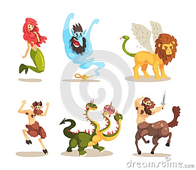 Various Magical Mythical Creatures with Mermaid, Centaur, Faun, Fire Breathing Dragon, Jinn from Lamp and Griffin Vector Vector Illustration