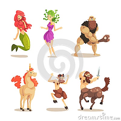 Various Magical Mythical Creatures with Mermaid, Medusa, Cyclops, Centaur, Faun and Unicorn Vector Set Vector Illustration