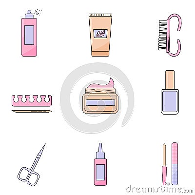 Various manicure accessories, equipment, tools. Nail file, nail scissors, tweezers, nail polish, hand cream, polish Vector Illustration