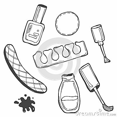 Various manicure accessories, equipment, tools. Nail scissors, nail file, tweezers, nail polish, nail oil, polish remover, brush Vector Illustration