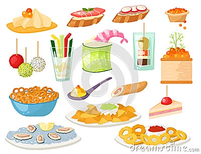 Various meat canape snacks appetizer fish and cheese banquet snacks on platter vector illustration. Vector Illustration