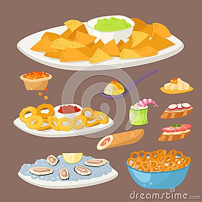 Various meat canape snacks appetizer fish and cheese banquet snacks on platter vector illustration. Vector Illustration