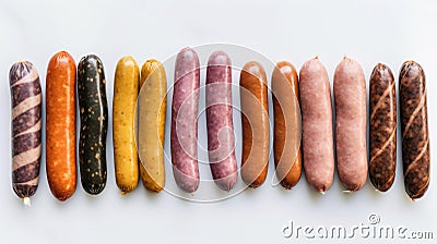 Various meat fresh sausages lie in a row, white background, isolate. AI generated. Stock Photo