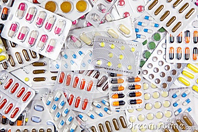 Various medications, medicine and tablets in packages. Stock Photo