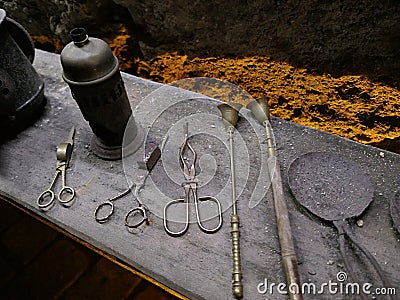 Various medieval instruments for lighting in cellars Editorial Stock Photo