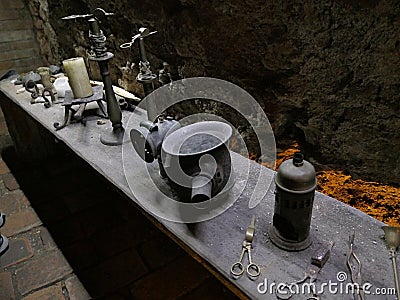 Various medieval instruments for lighting in cellars Stock Photo