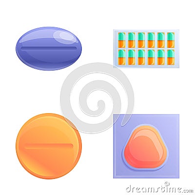 Various meds icons set cartoon vector. Pill and capsule blister Vector Illustration