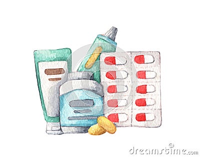 Various meds isolated on white background. Watercolor illustration Cartoon Illustration