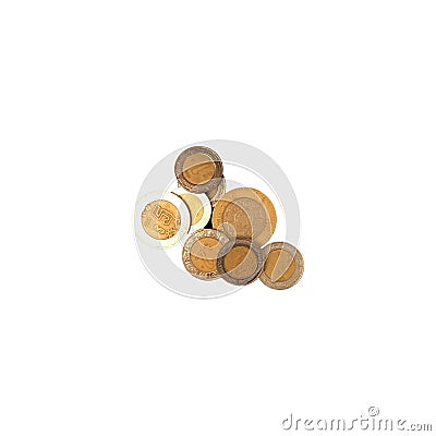 Various mexican coins of 10, 5 2 and 1 value grouped and isolated on white background Stock Photo