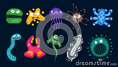 Various microorganisms virus vector cartoon bacteria germ emoticon character set. Bacterial ilness infection Vector Illustration