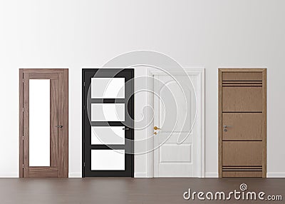 Various modern doors in empty room. Copy space for text, advertising. Production and trade of interior doors. Stylish Stock Photo