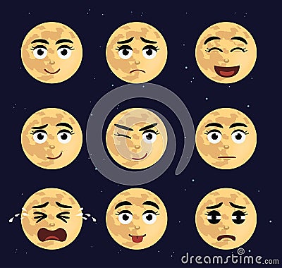 Various Moon Faces Cartoon Emoticon Vector Illustration