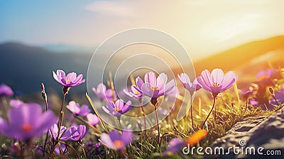 Various mountain spring flowers on a background of a mountain landscape with free space for text Stock Photo