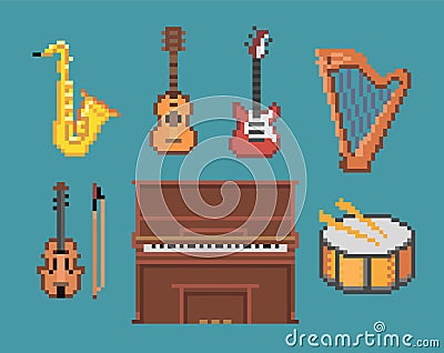 Various Music Pixel Instruments Icons Vector Illustration