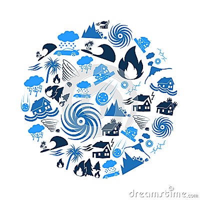 Various natural disasters problems in the world blue icons in circle eps10 Vector Illustration