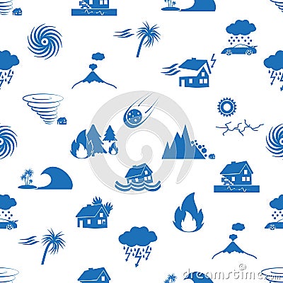 Various natural disasters problems in the world blue icons seamless pattern eps10 Vector Illustration