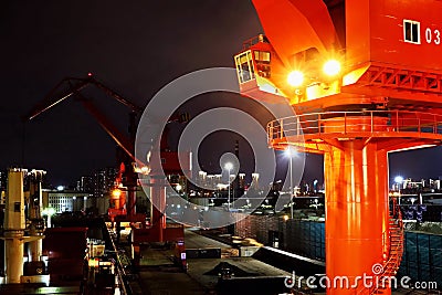 Various night views of the port, piers, terminal and cityline of the Port Qingdao, China, September, 2020. Stock Photo