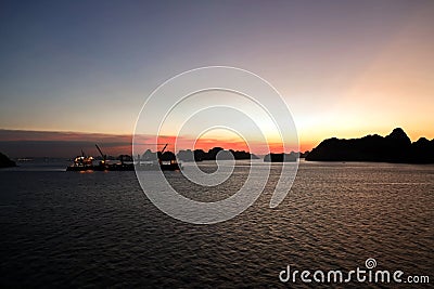 Various night views roadstead and coastline of the Halong Bay. Port of Campha, Vienam. October, 2020. Stock Photo