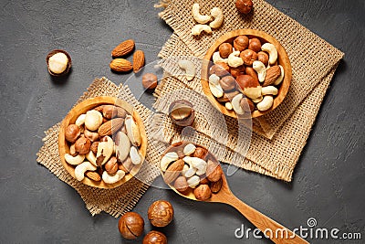 Various nuts in bowl - cashew, hazelnuts, almonds, brazilian nuts and macadamia Stock Photo