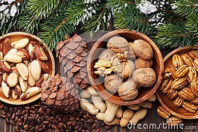 Various nuts on wooden table Stock Photo