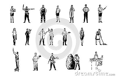 Various occupations, financial analyst, handyman, police officer, school teacher, science workers, professions set Vector Illustration