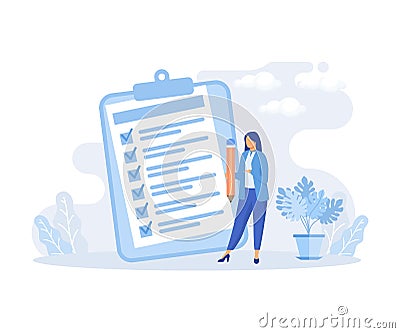 Various Online Survey and Rating Icons. Characters Filling Survey Form, putting Check Marks on Checklist and giving Five Star Vector Illustration