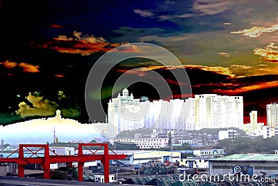 Various panoramic views of the port, piers, terminal and cityline of the Port of Fangcheng, China. Stock Photo