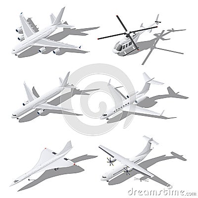 Various passenger aircraft isometric icon set Vector Illustration